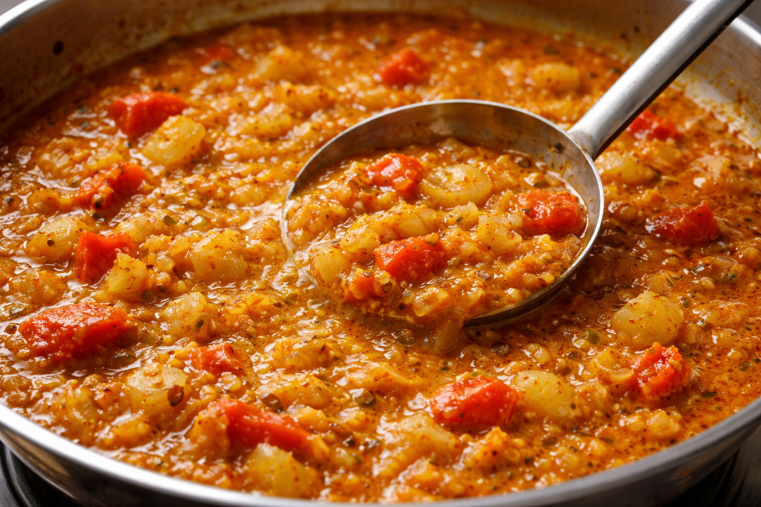 Indian base curry sauce simmering with onions, spices and tomatoes