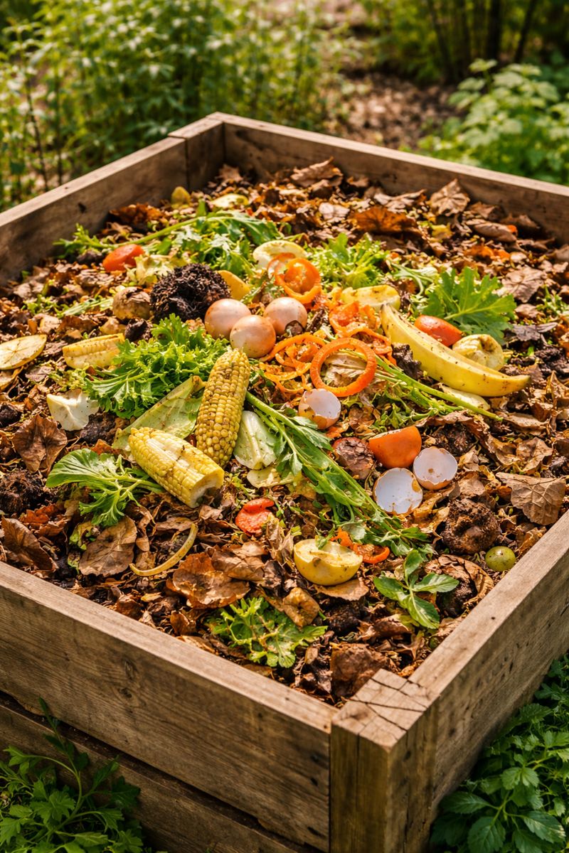 A compost bin with a mix of leaves and kitchen scraps, showing suitable compost materials