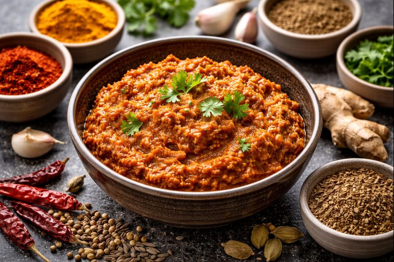 Freshly made Indian curry paste in a bowl with spices and herbs nearby