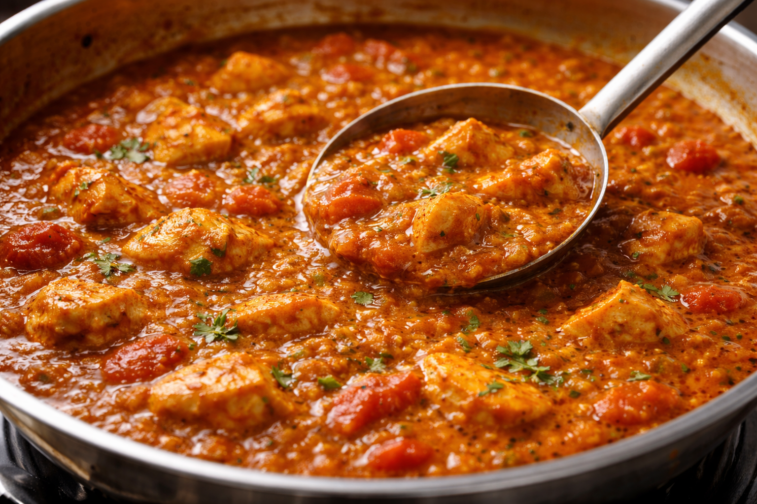 Indian curry sauce with glossy thick texture in a pan
