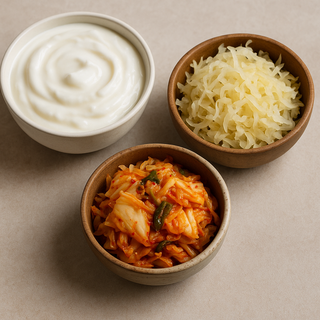 Bowls of yoghurt, sauerkraut and kimchi arranged on a table as gut-friendly fermented foods