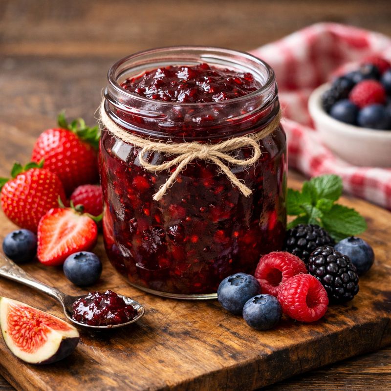 Jar of homemade jam on a wooden board with fresh fruit beside it