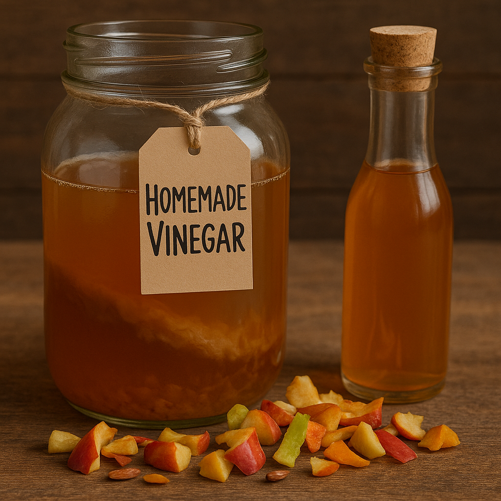 Jar of homemade vinegar with a visible mother beside fruit scraps and a bottle of  finished vinegar
