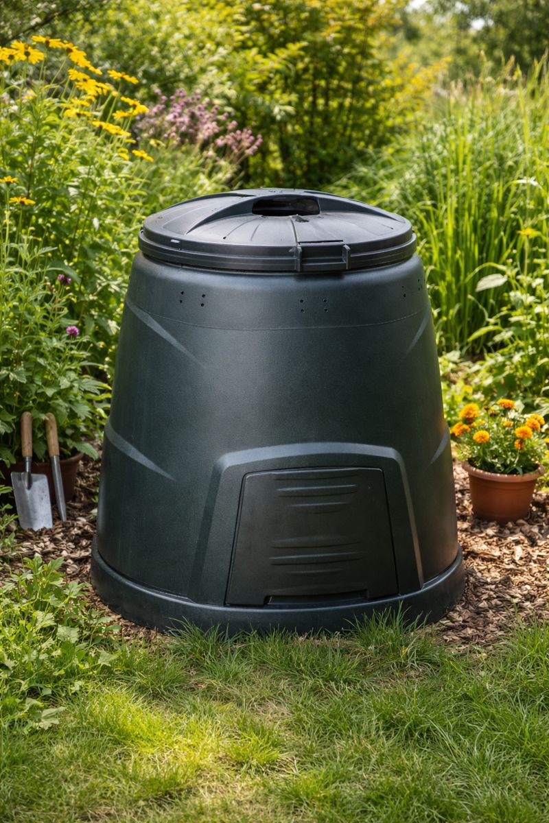 Closed compost bin in a garden with the lid secured to prevent pests