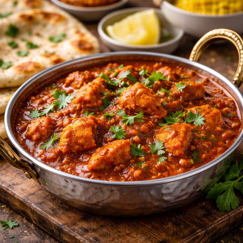 Takeaway-style Indian curry in a metal bowl with coriander and a side of naan