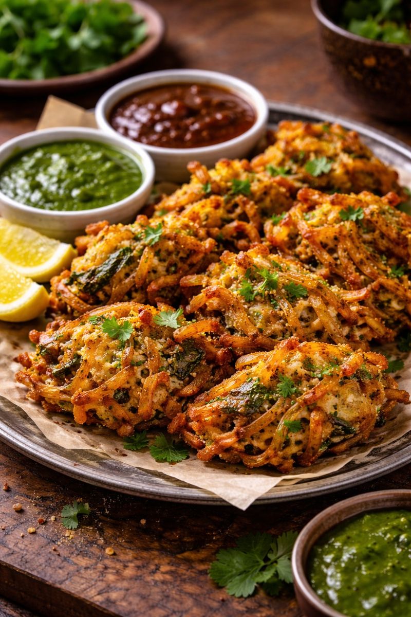 Light, crispy vegetable pakoras served hot with chutney