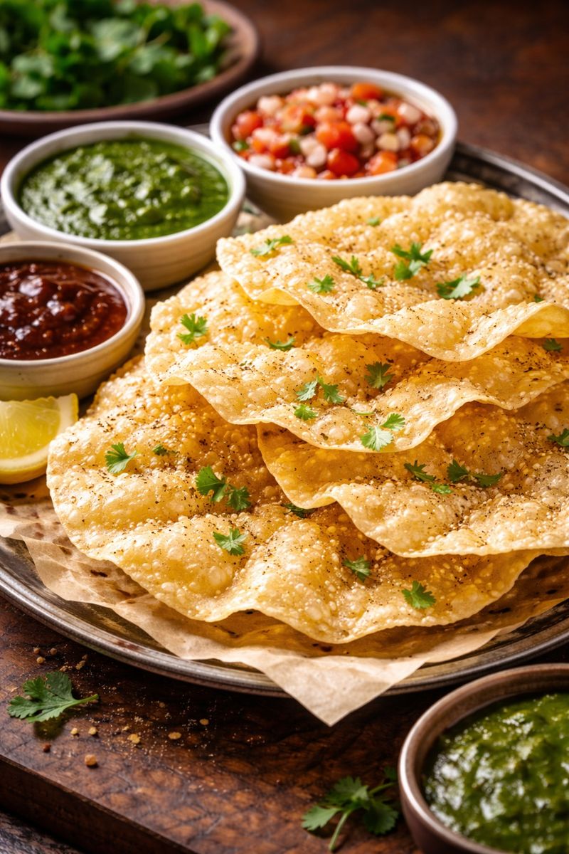 Crispy poppadoms served hot with chutneys