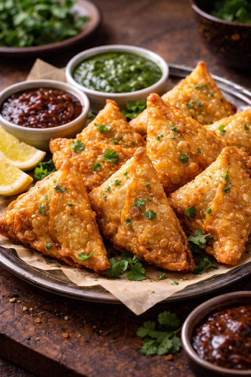Golden crispy samosas served hot with chutney