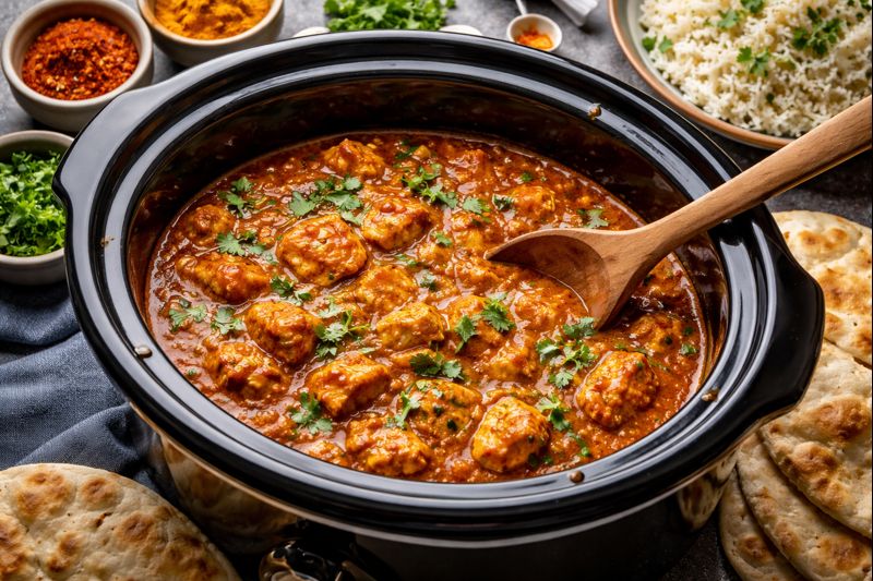 Indian curry in a slow cooker with spices beside it