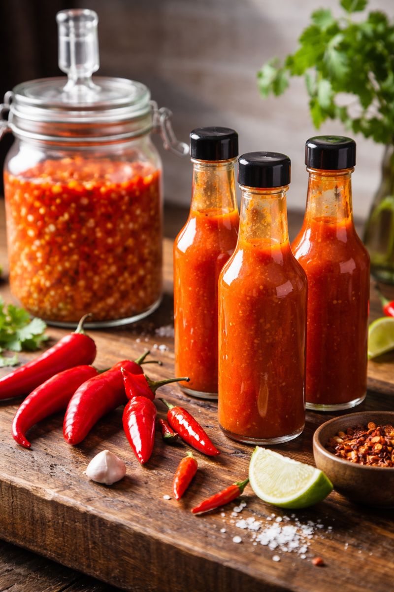 Bottles of hot sauce with chillies and a fermentation jar in the background