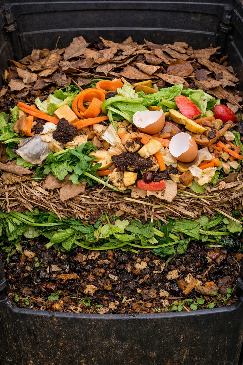 A covered compost bin with leaves and kitchen scraps, showing a balanced compost mix